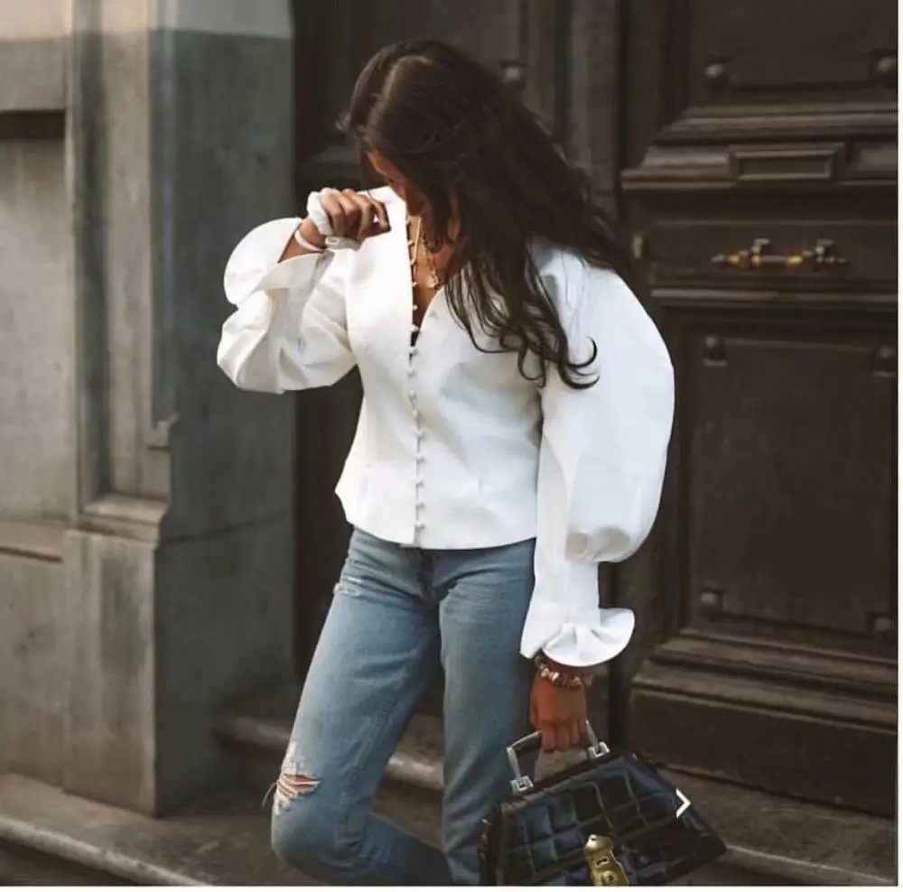 Женский топ с V образным вырезом пуговицами и пышными рукавами|Футболки| |