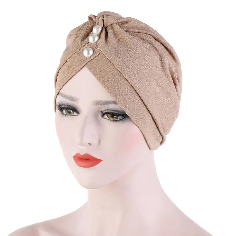

European and American new hot style headscarf pure color forehead folds pearl Muslim head cap