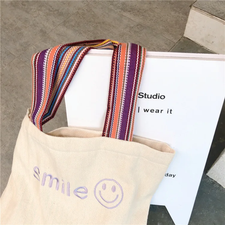 Холщовая Сумка тоут Smile Face для подростков модная цветная Сумочка с верхней ручкой