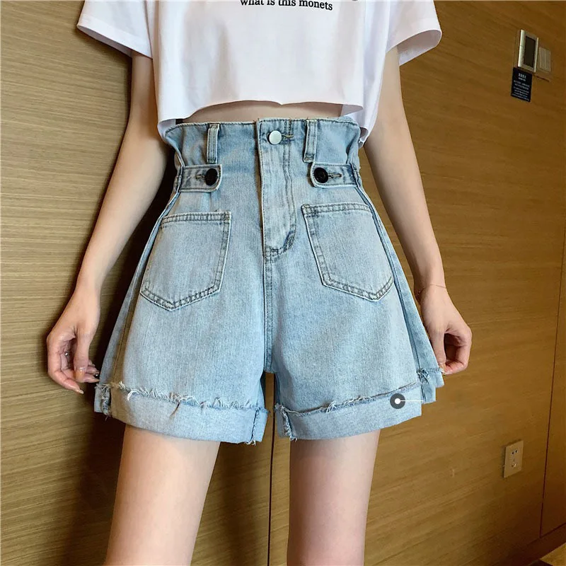 

2021 Shorts Women Denim Solid Simple Buttons Retro Fashion High Waist Korean Style All-match Wide Leg Ulzzang Shorts