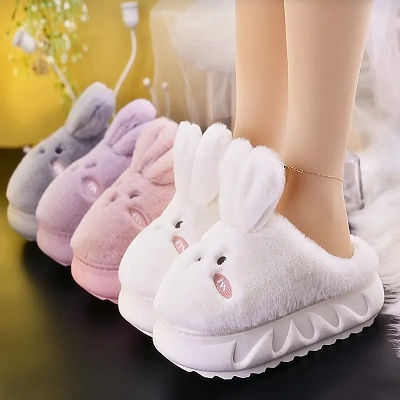 

White rabbit hare slippers cute animal platform women at home mules shoes girls bedroom stuffed straps slippers indoor shoes
