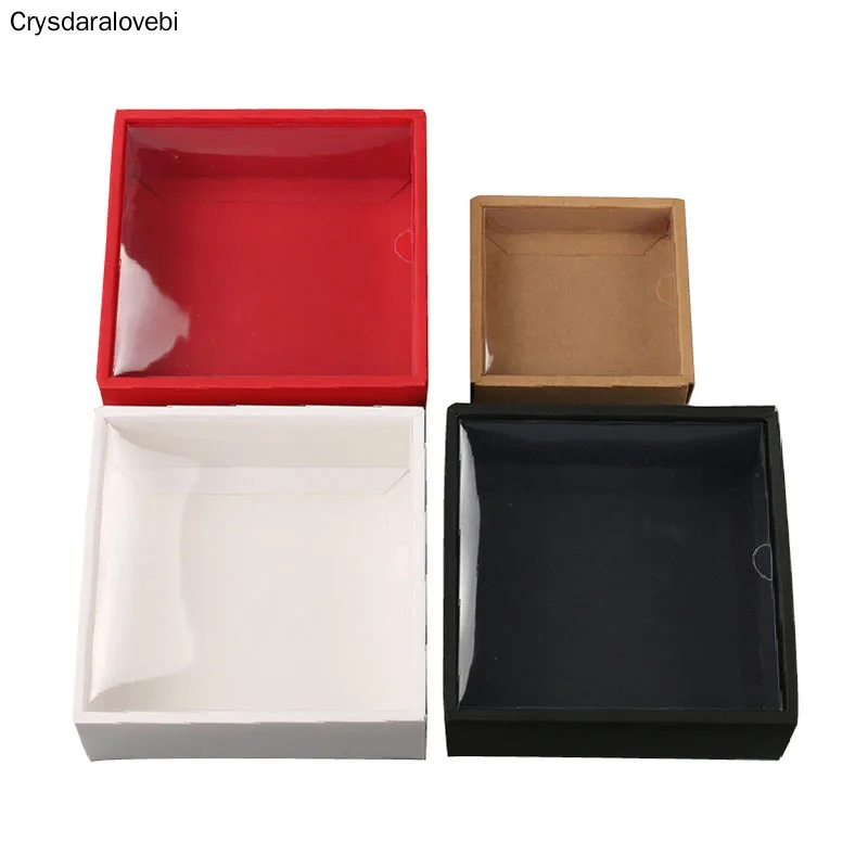 صندوق هدايا من ورق كرافت أبيض مع نافذة PVC شفافة ، علبة كيك سوداء ، علبة تغليف حلوى بسكويت الزفاف الحمراء ، 10 قطعة