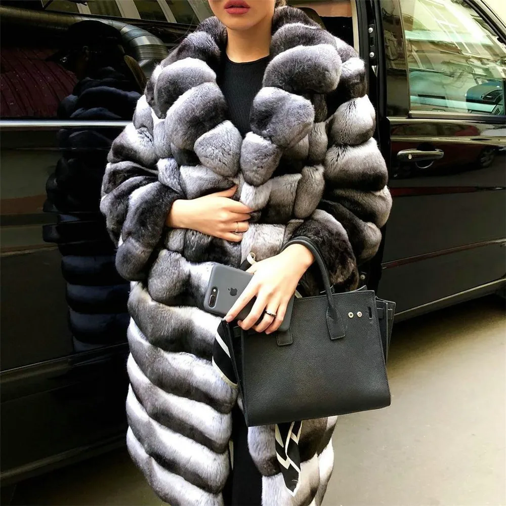Enlarge Fashion Long Real Rex Rabbit Fur Coat for Women Winter Outwear High Quality Full Pelt Natural Rex Rabbit Fur Coats Lapel Collar