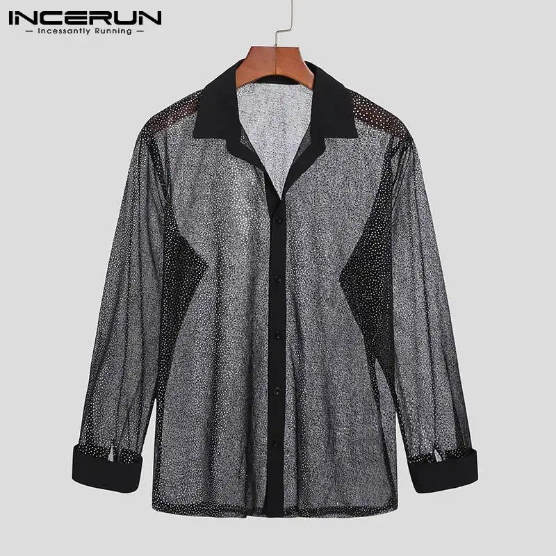 

Модная мужская рубашка прозрачной сетки в горошек 2021 нагрудные с длинным рукавом Camisas Сексуальная уличная вечерние ночной клуб рубашки INCERUN