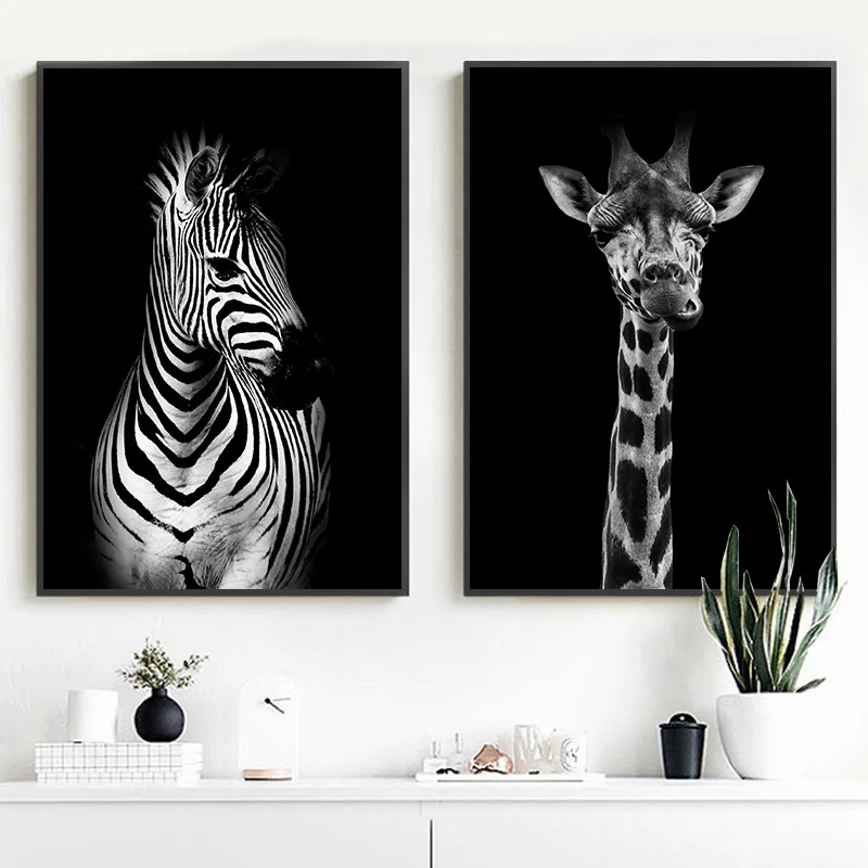 Плакат на холсте с изображением жирафа зебры льва черные и белые животные