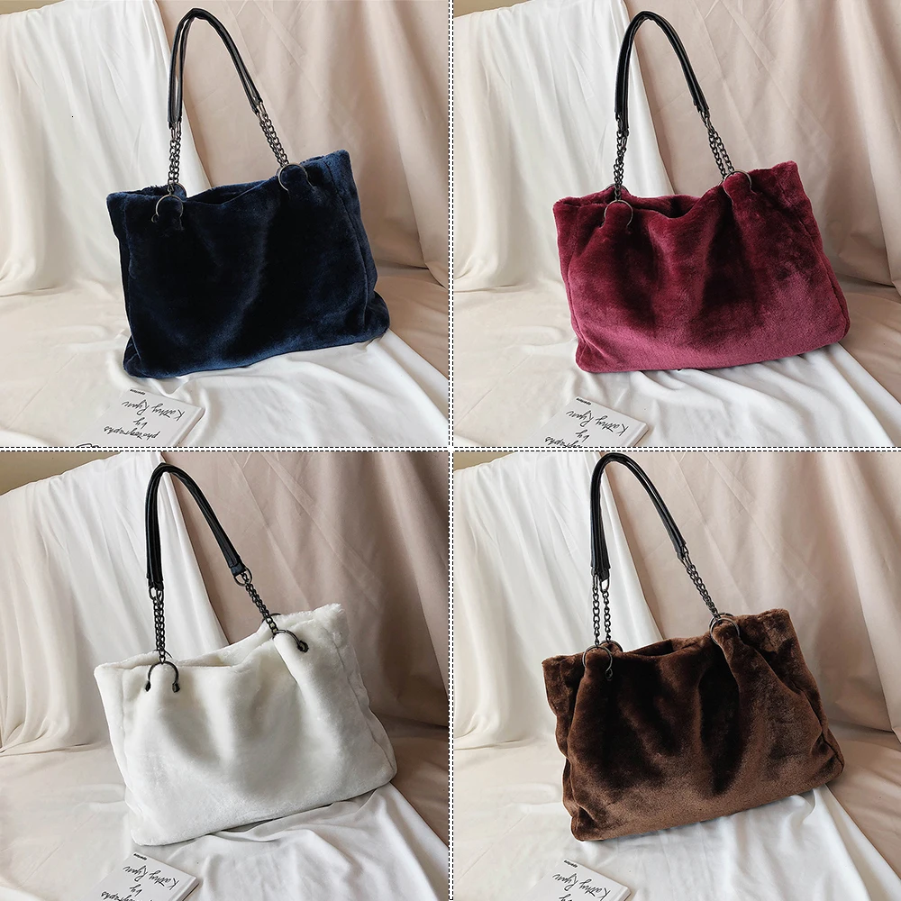 

Faux Fur Women Shoulder Bag Casual Plush Lady Tote Handbag Fashion Chain Larger Capacity Shopping Bag Travel Purse Female Winter