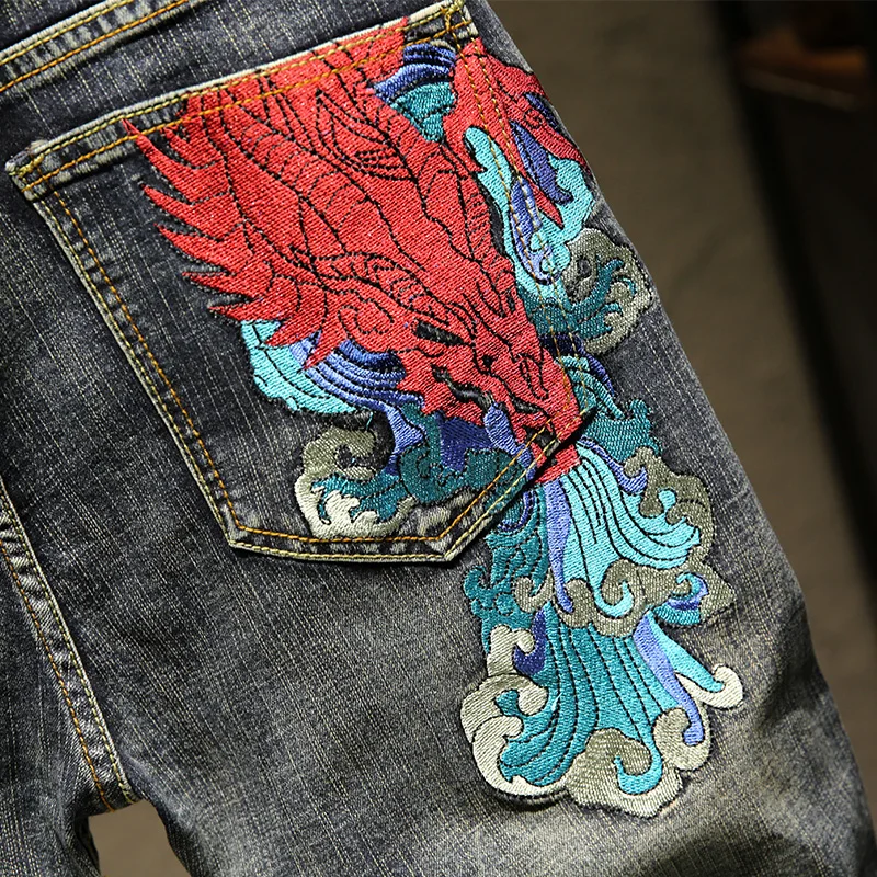 Мужские прямые джинсы в стиле хип-хоп с вышивкой дракона черные японский