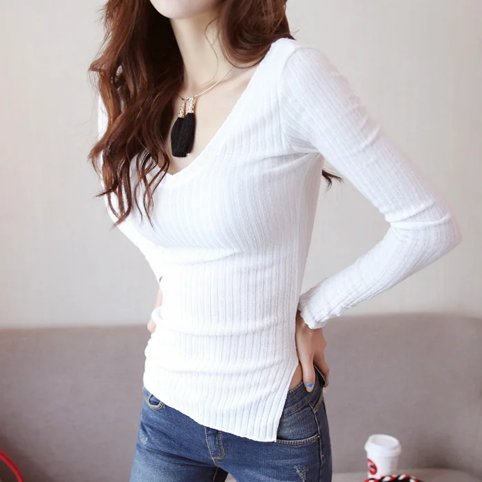 

South Korea to spring club new sexy low v-neck side split knitting render unlined upper garment of cultivate one's morality long