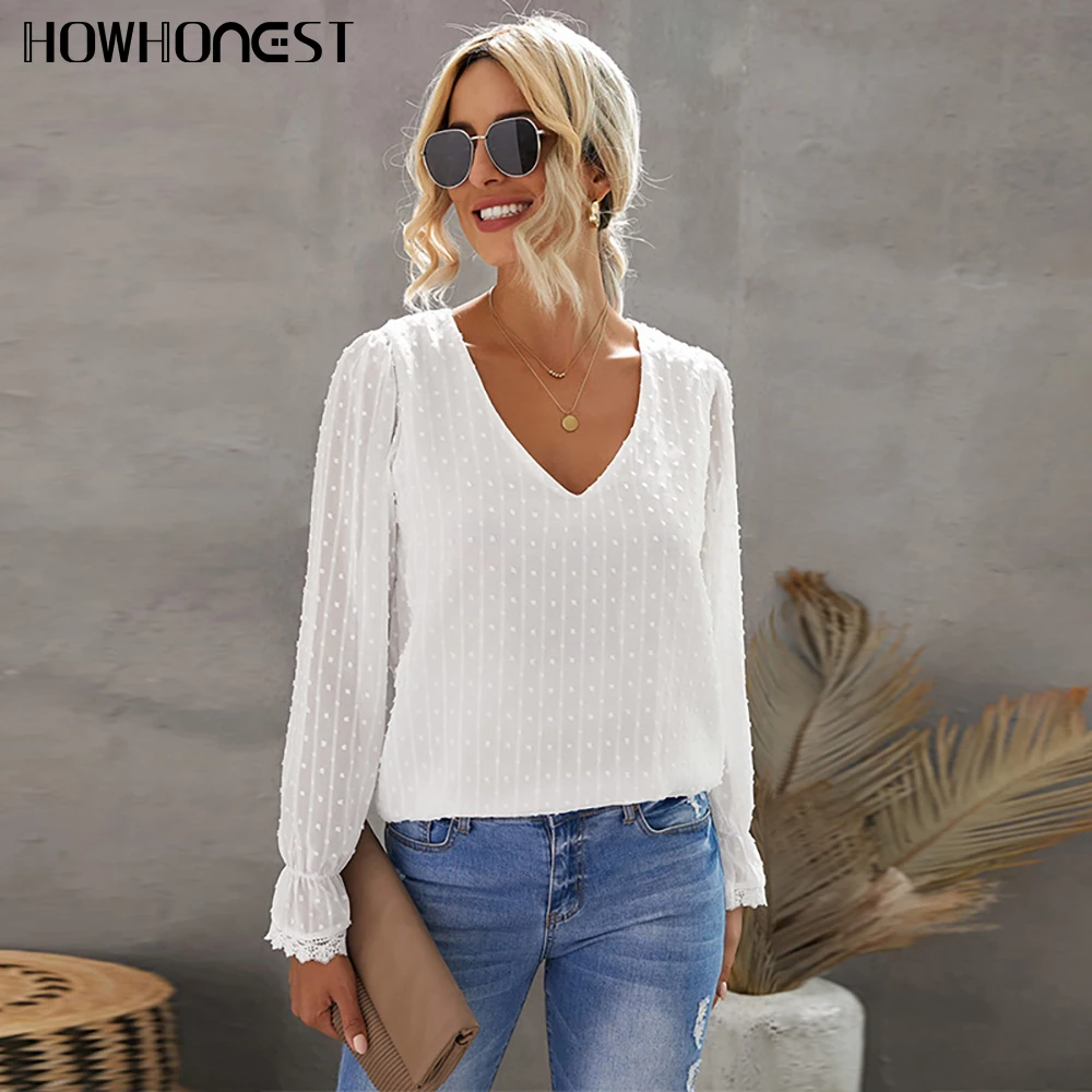 

Женская свободная футболка в горошек Za, жаккардовая однотонная Кружевная футболка с длинным рукавом, повседневный Топ большого размера