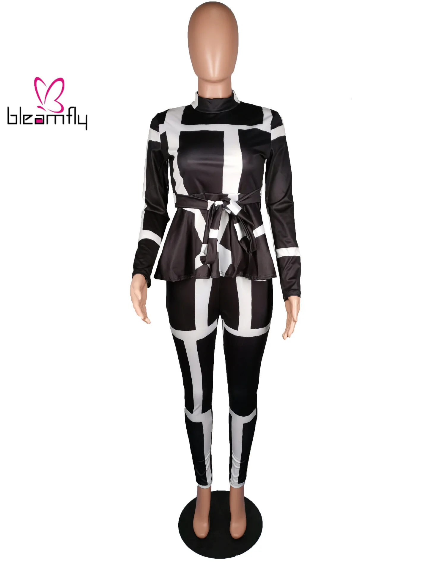 Осенний женский костюм с геометрическим принтом и длинным рукавом топ брюки