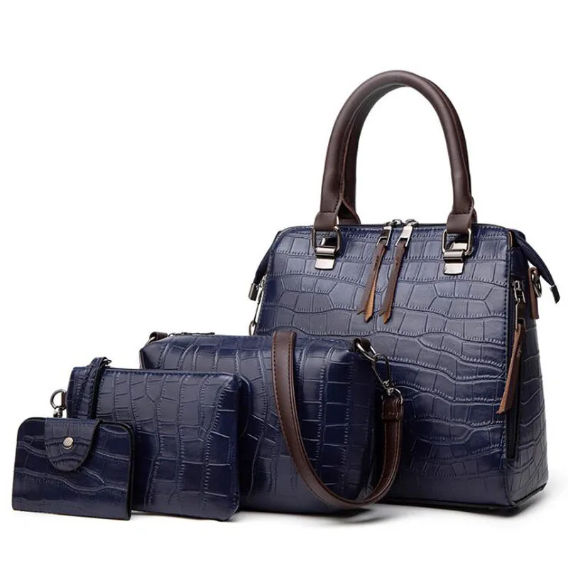 4Pcs Women Pattern Leather Handbag+Crossbody Bag+Messenger Bag+Card Package solid zipper Ladies Solid handbags set bolso mujer | Багаж и