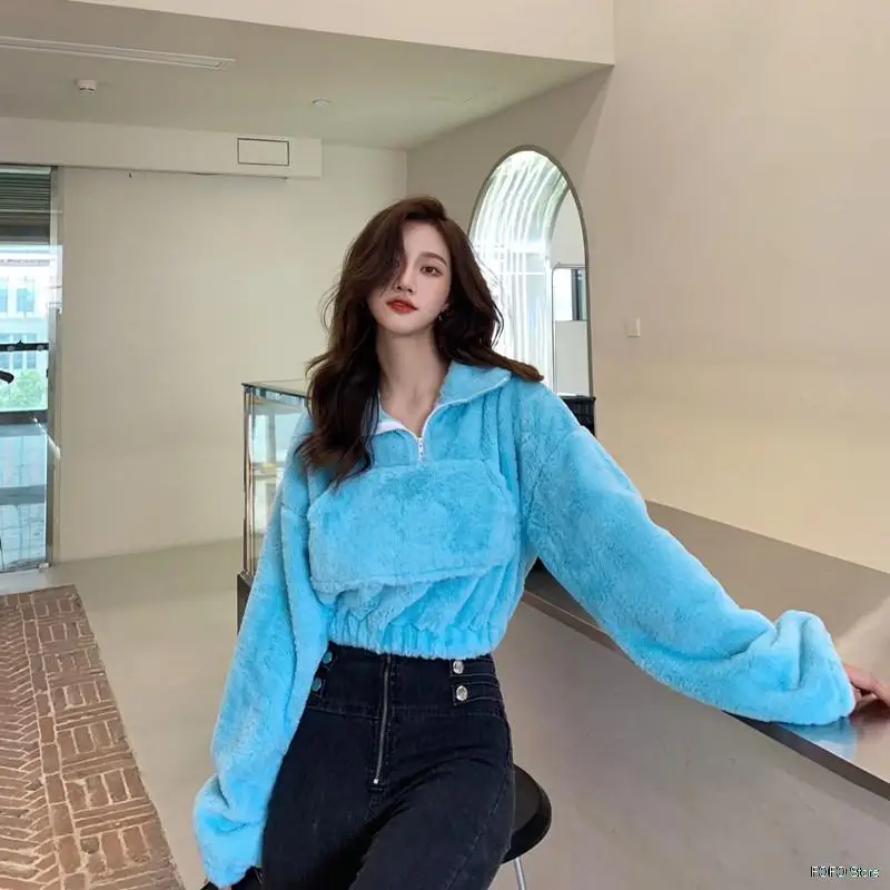 

Blue Plush Winter Turn-down Collar Sweater Women Autumn Faux Fur Loose Casual Soft Warm Fluffy Oversize Sweater Pull Femme