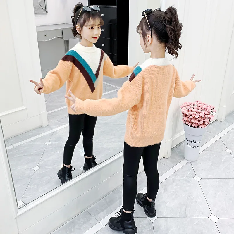 Зимний плотный вязаный свитер для девочек норковый бархатный клетчатый Модный