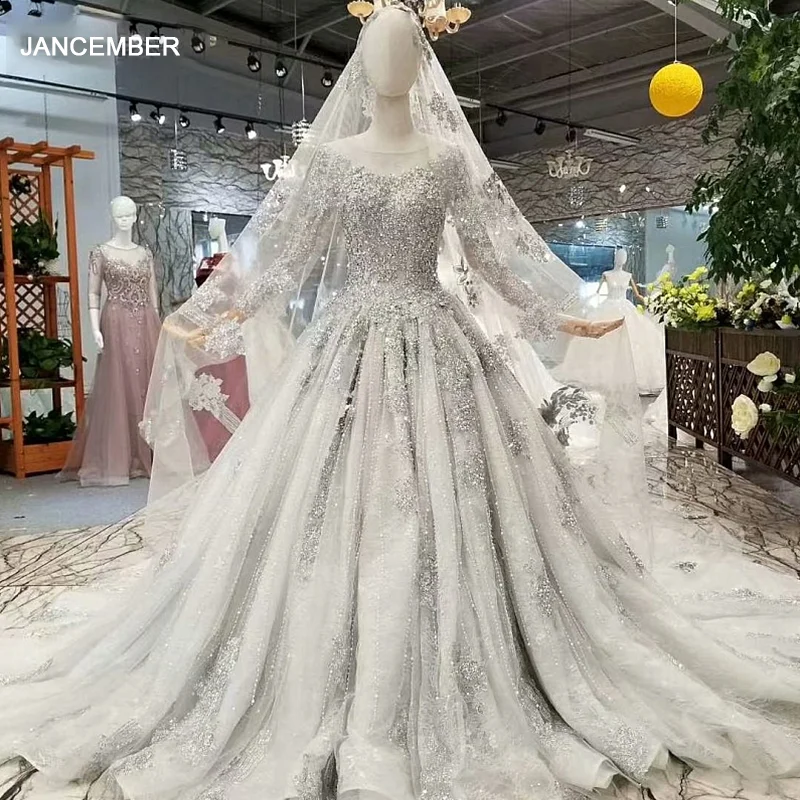 Блестящее серое платье LS74100 2020 с длинным рукавом и круглым вырезом большим