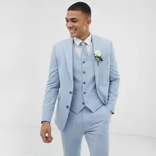 Conjunto de traje de novio azul claro para hombre, traje de boda, esmoquin, abrigo, traje de cena, vestidos de graduación, vestido de noche, 3 piezas (chaqueta + Pantalones + chaleco) (1)