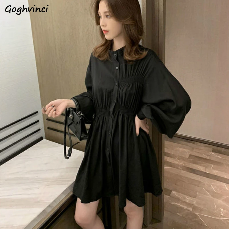 

Женское платье с длинным рукавом, весна-лето, однотонное платье с воротником-стойкой, элегантное, модное, женское, корейский стиль 2XL, свобод...