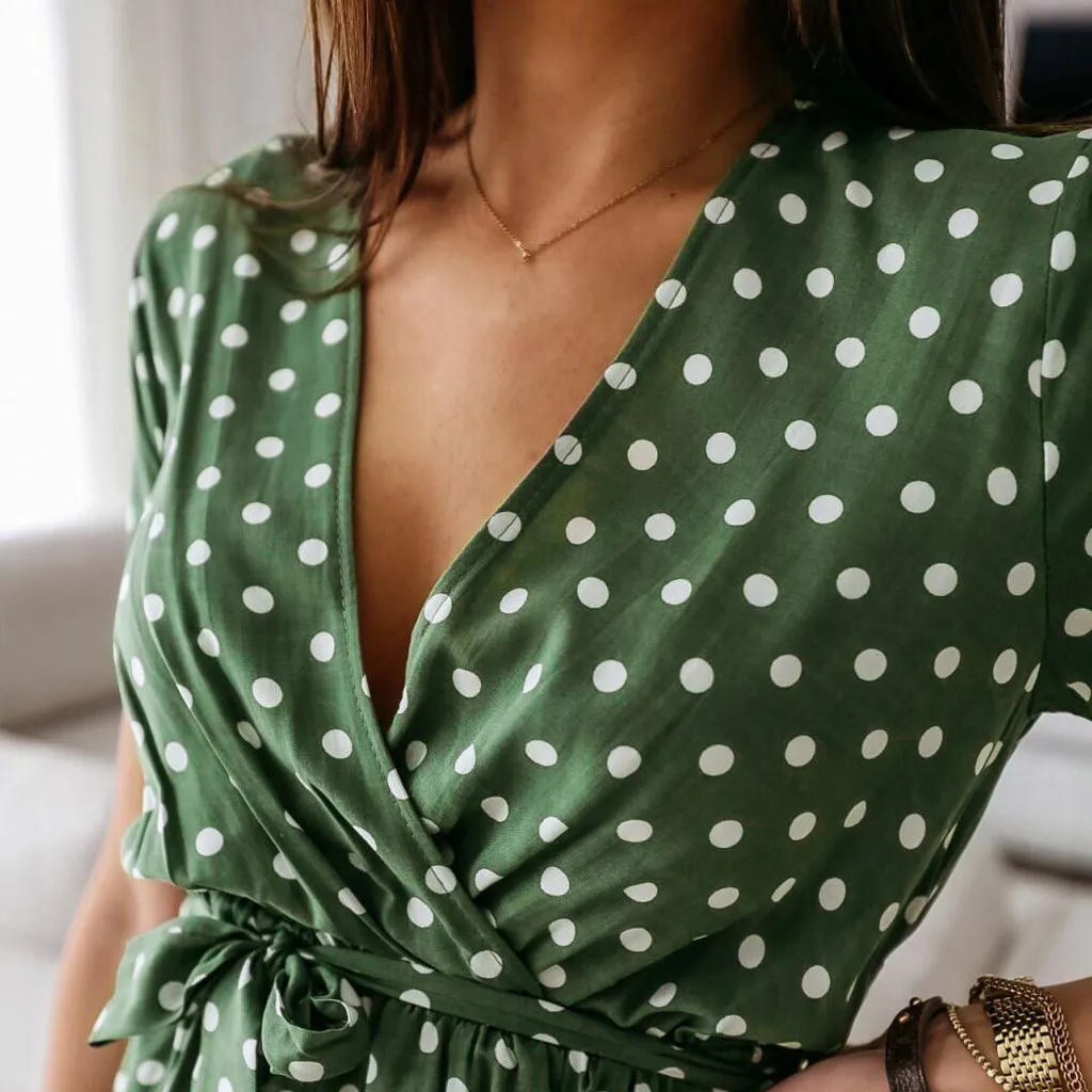 Womens Summer Fashion Dress Short Sleeve V-Neck Ladies Polka Dot Dreeses Split Vestidos For Femela Boho Beach Holiday Dress#s |