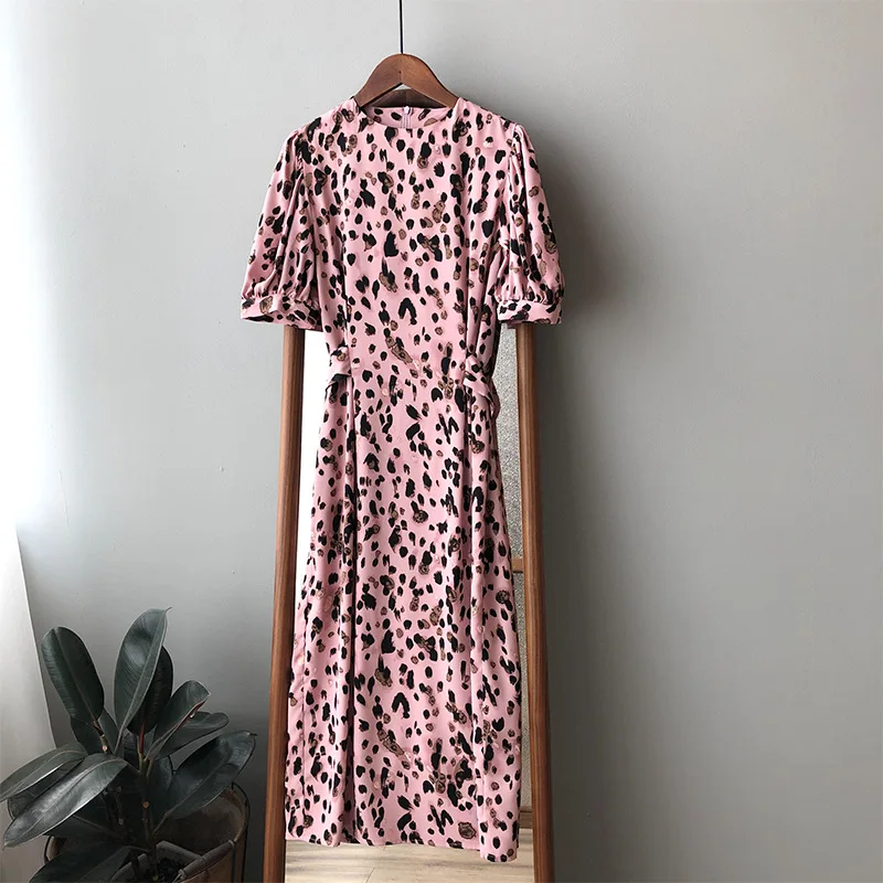 Fashionable Pink Leopard Grain Long Dresses Female Summer French Slim Waist Sexy Dress Elegant Puff Sleeve Chiffon Printed | Женская