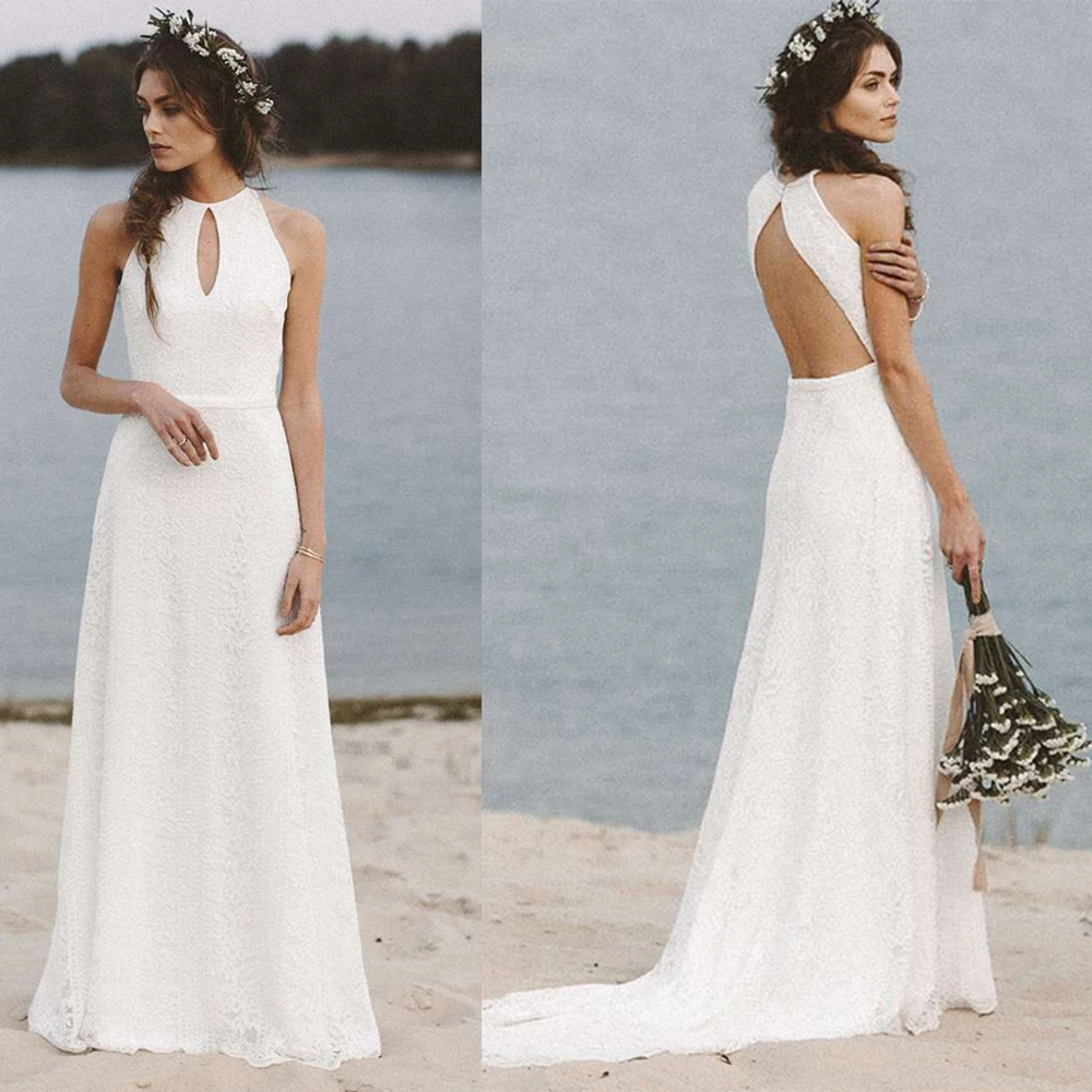 

Кружевное платье с лямкой на шее в стиле бохо для свадебной фотосессии пляжное платье трапециевидной формы с открытой спиной индивидуальны...