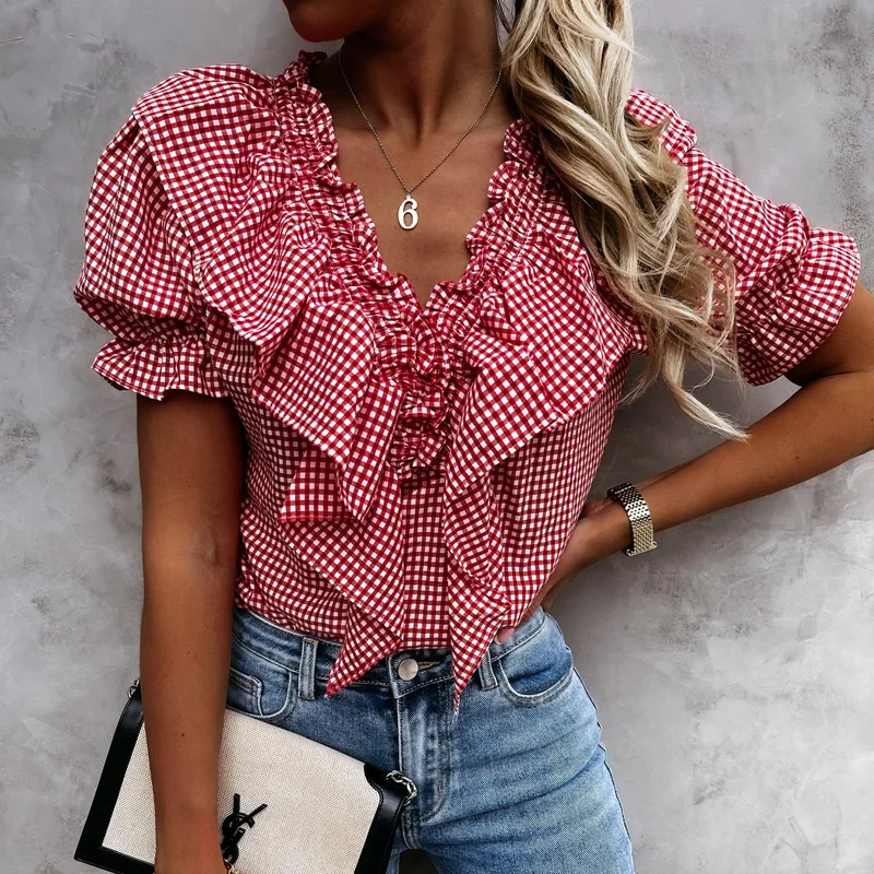 

Women Plaid Printing Vintage Blouse Shirt Elegant V Neck Short Puff Sleeve Ladies Ruffle Tops Streewear Summer Loose Shirt Blusa