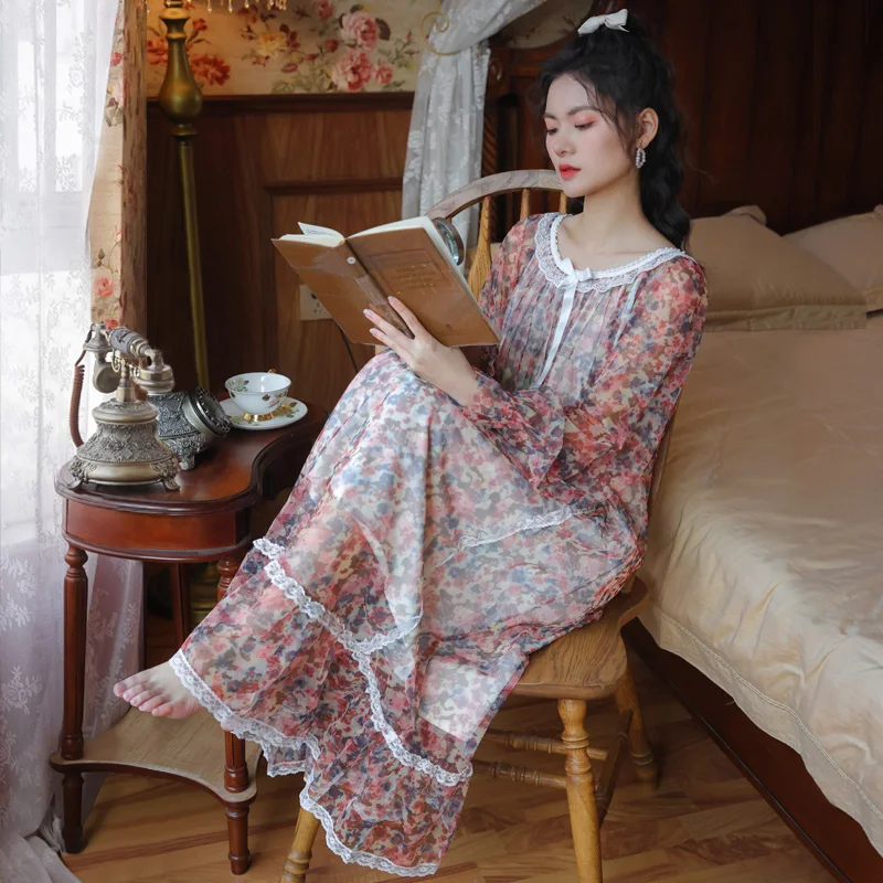 

Princess Long Style Gauze Modal Vintage Nightgowns Women Spring Full Sleeves Calf-Length Sleeping Skirt Sweet Floral Home Dress