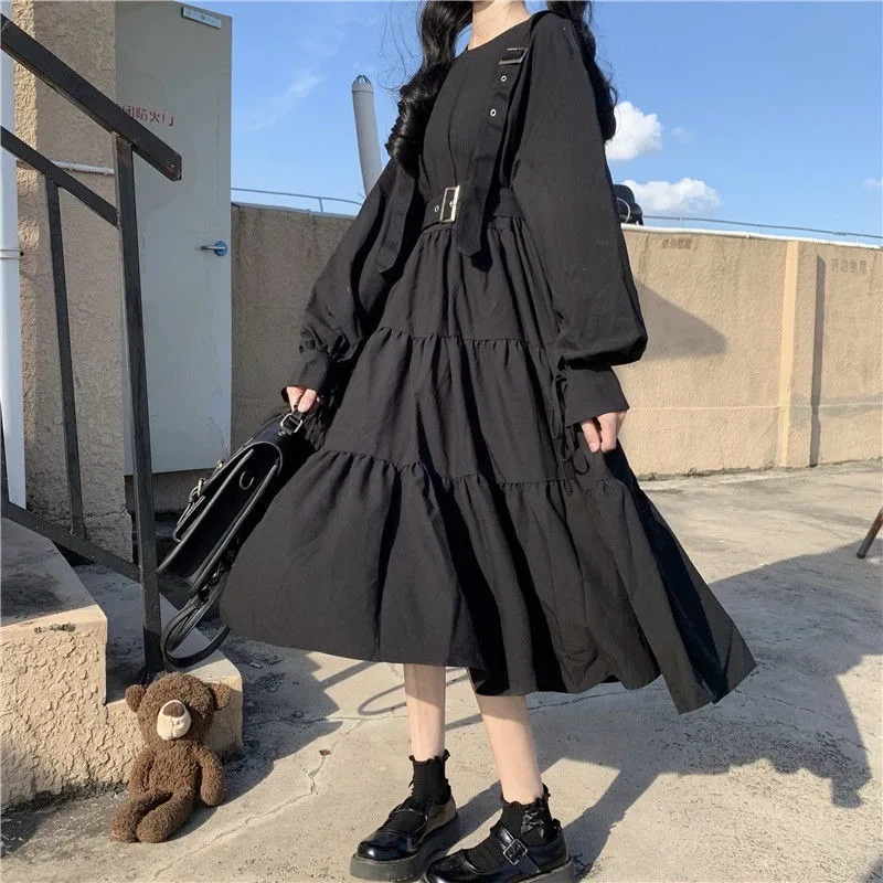 

Gothic Style Dress Women Harajuku Gothic Lolita Kawaii Dress Punk Cute Long Sleeve Black Midi Dress 2021 Mall Goth