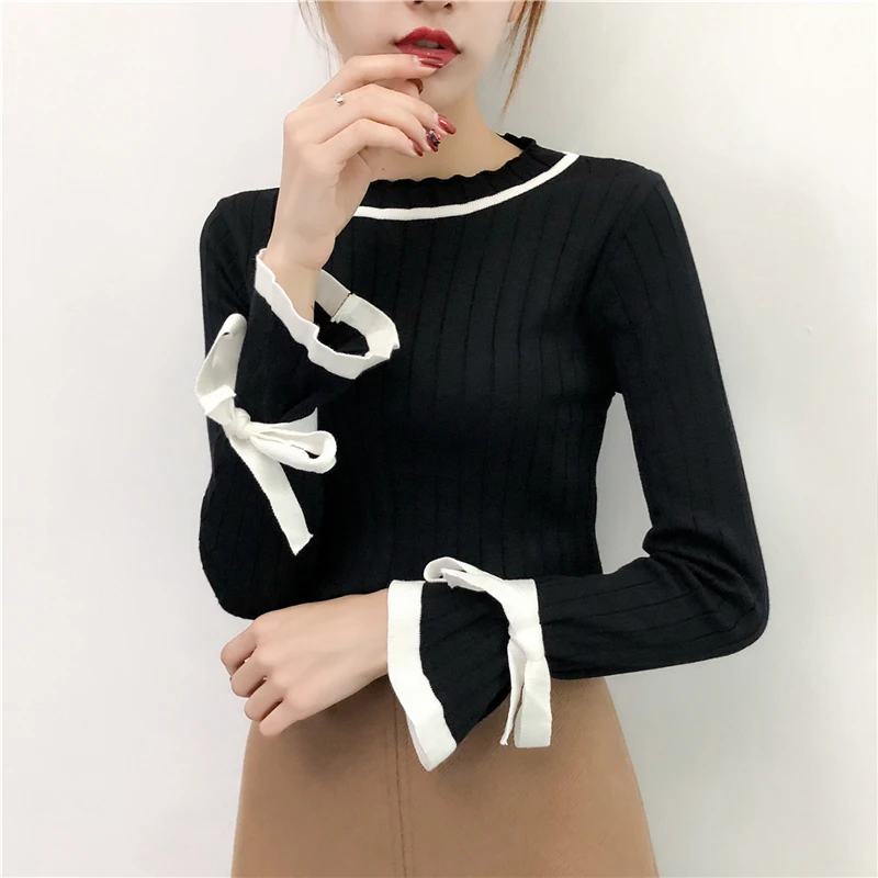 Women Solid Pullover Winter Knitted Sweater Sweet O-Neck Slim Soft Female Flare Sleeve Fashion Ladies | Женская одежда