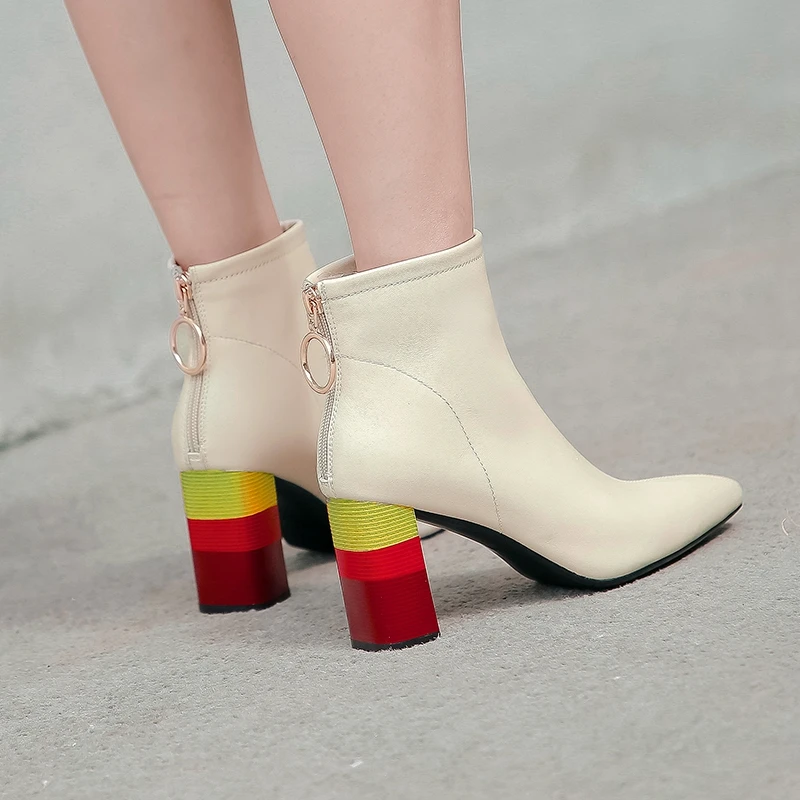 Женские ботильоны из коровьей кожи радужные ботинки на Высоком толстом каблуке с