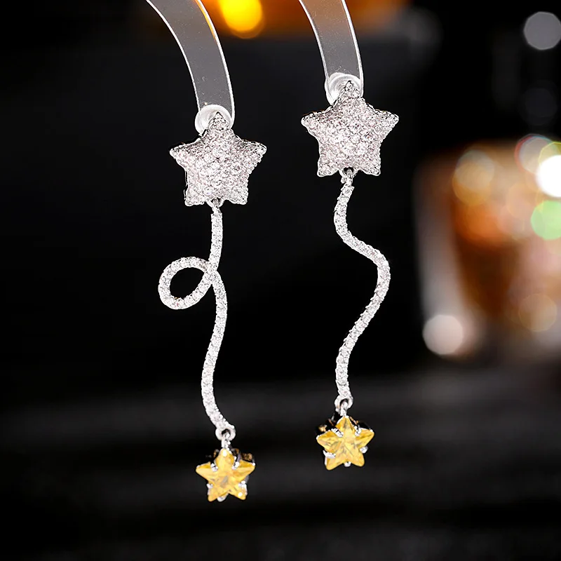 

Asymmetrical Full Crystal Star Earrings For Women Jewelry, Simple Wedding Pink Dangle Earrings 2021 Trend Friend Girl's Gifts