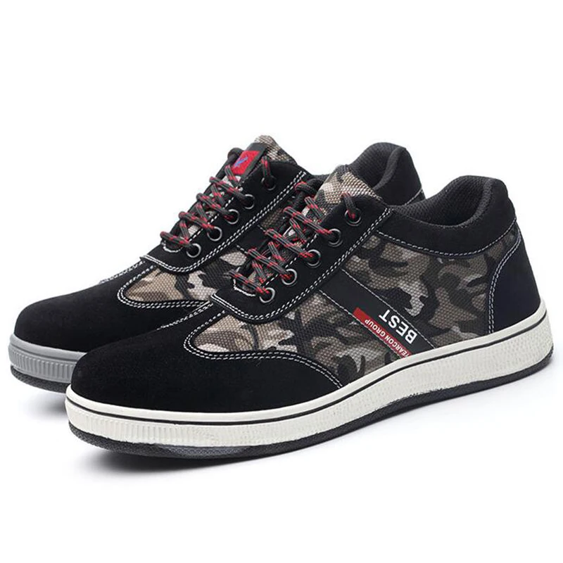 

men's casual big size steel toe covers working safety shoes camouflage flat worker shoe platform security boots protect foowear