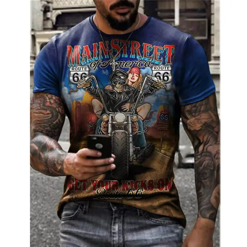 

Summer Men's European and American Style Polyester Material 3D Printing Motorcycle Street Fashion Round Neck T-shirt Hot Sale