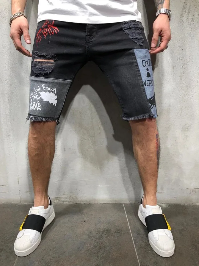 

Knee Length Jeans Men 2021 Summer Fashion Print Streetwear Cut Bottom Ripped Denim Pant Straight Cotton Man Jeans Plus Size 3XL