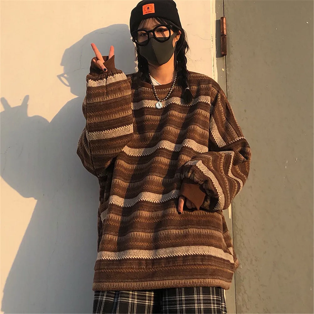 

Striped Sweaters Women Oversize Pullovers Autumn Winter Knit Sweater Streetwear Jumper Ladies Retro Couples Tops Female Clothes