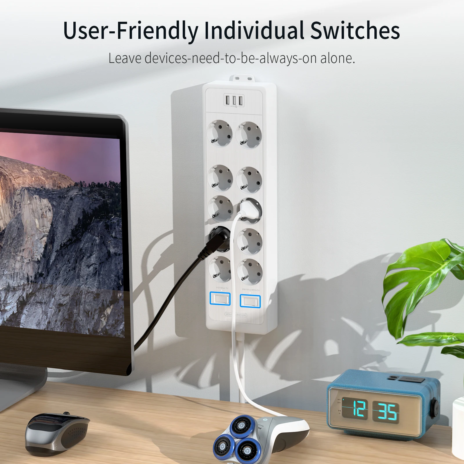 NTONPOWER Сетевой фильтр с возможностью монтажа на стену, с защитой от скачков напряжения 4000 Дж и 2 независимыми выключателями, дополнительные широкие розетки, белый.