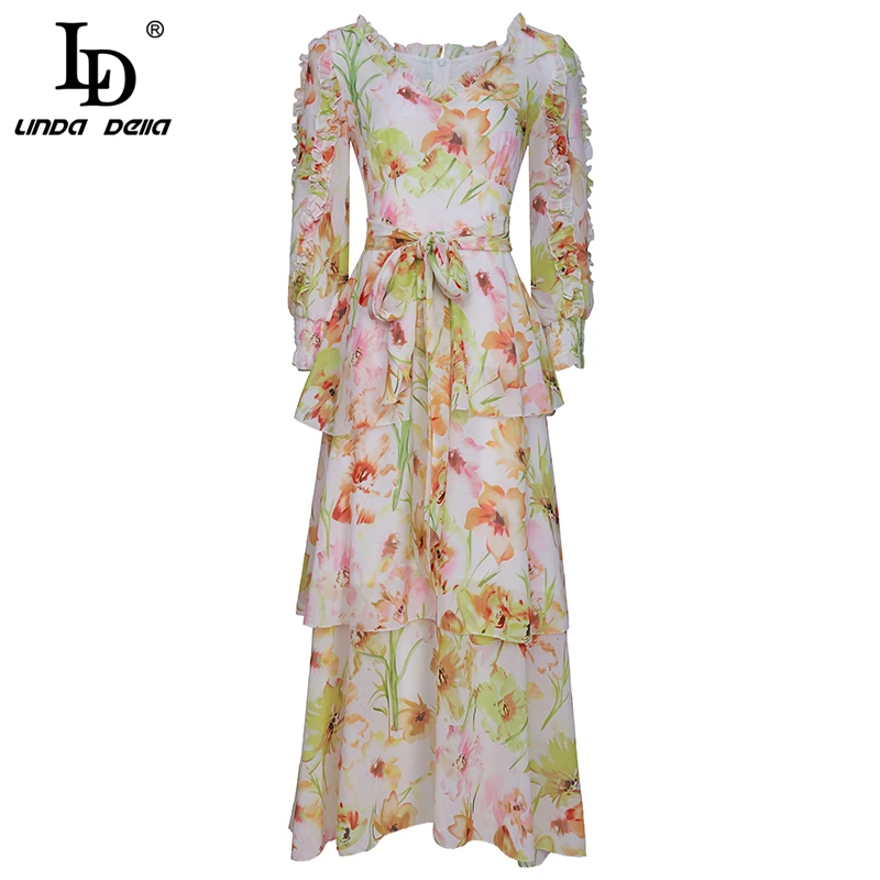 

LD LINDA DELLA New 2021 Summer Women Fashion DesignerA-Line Dress Bow Sashes Ruffles Floral Print Ladies Midi Dresses Vestidos