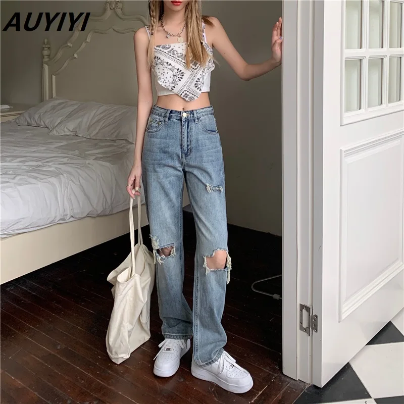 

AUYIYI Ripped Jeans Women 2021 Fashion New All-Match High-Waist Straight Blue Pants Summer Loose And Thin Casual Pants