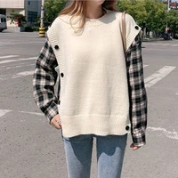 fake 2 pieces women sweaters long sleeve plaid female pullovers patchwork ladies autumn winter knitwear femme pull casual tops