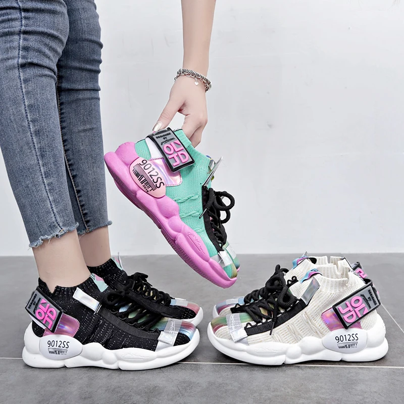 Кроссовки носки радужные женские спортивные на толстой подошве платформе в