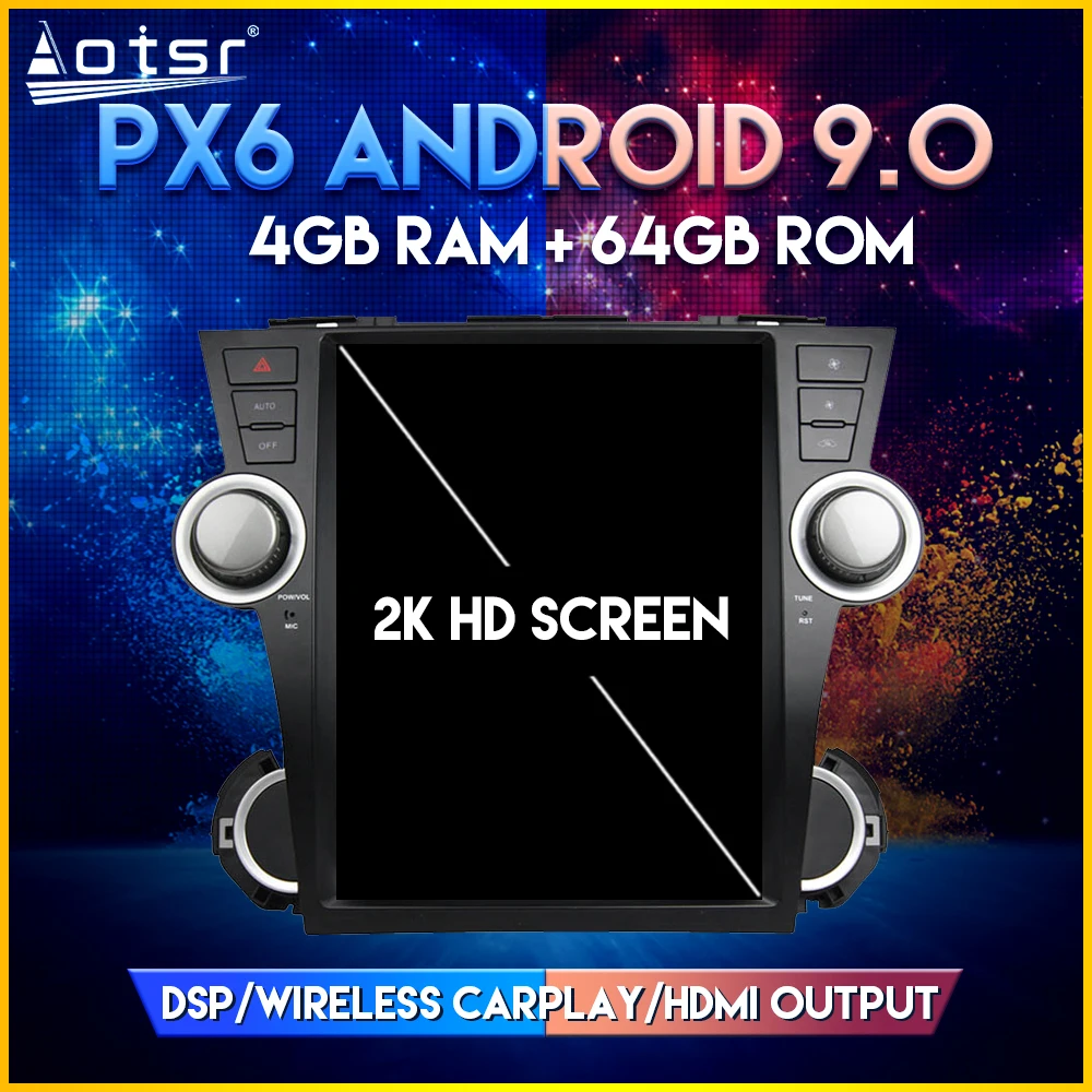 

Автомобильный GPS радио для Toyota Highlander JBL 2008 PX6 Android 9,0 Tesla стиль вертикальный экран автомобильный GPS навигационный плеер DSP CARPLAY