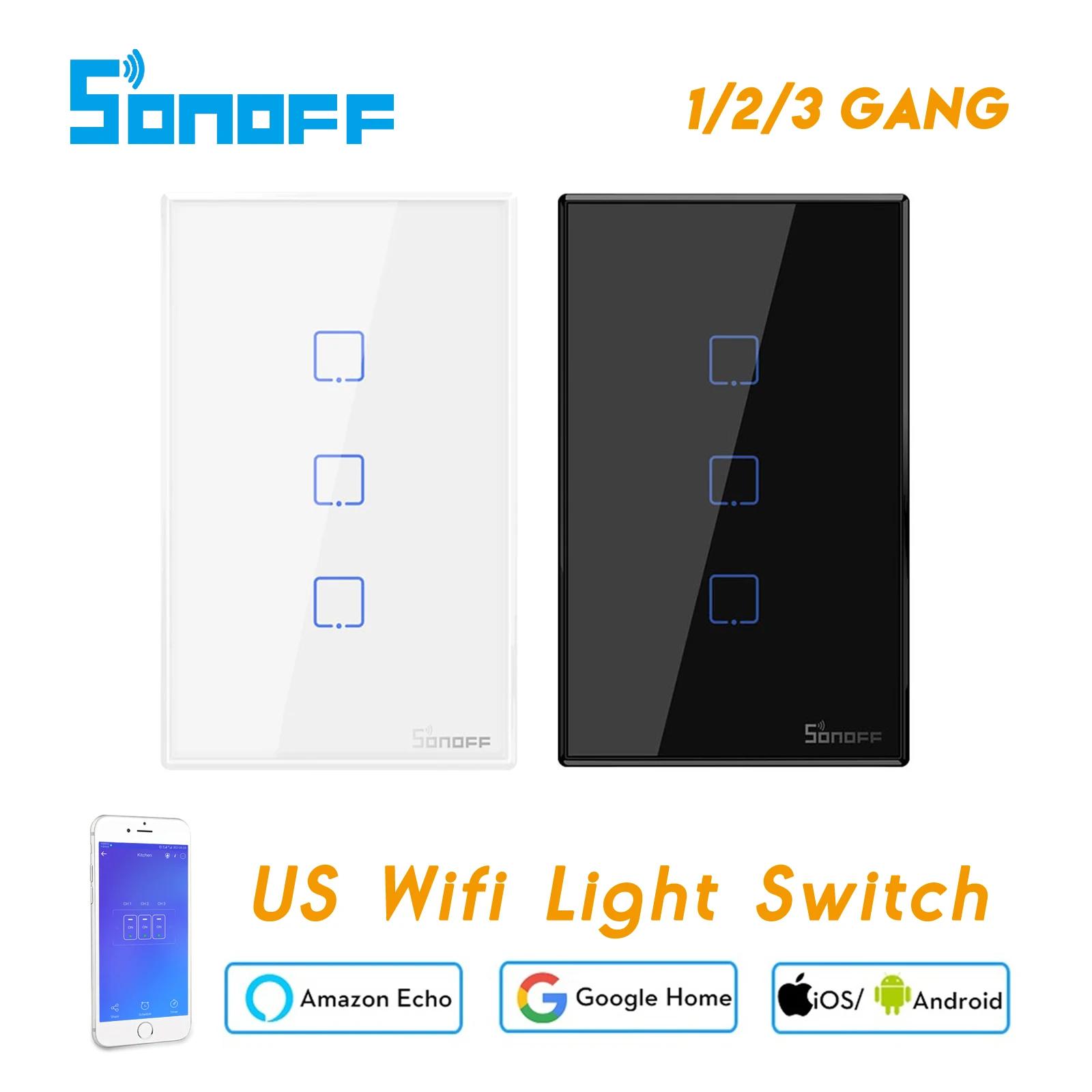 Интеллектуальный настенный сенсорный выключатель Sonoff Wi Fi Ligtht TX T2 T3 US eWelink APP 433 RF
