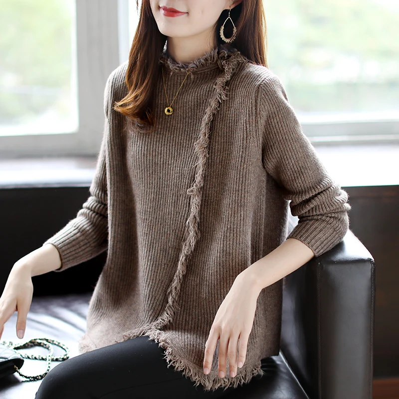 

Round neck retro vintage women jumpers loose casual solid color sweater Q487