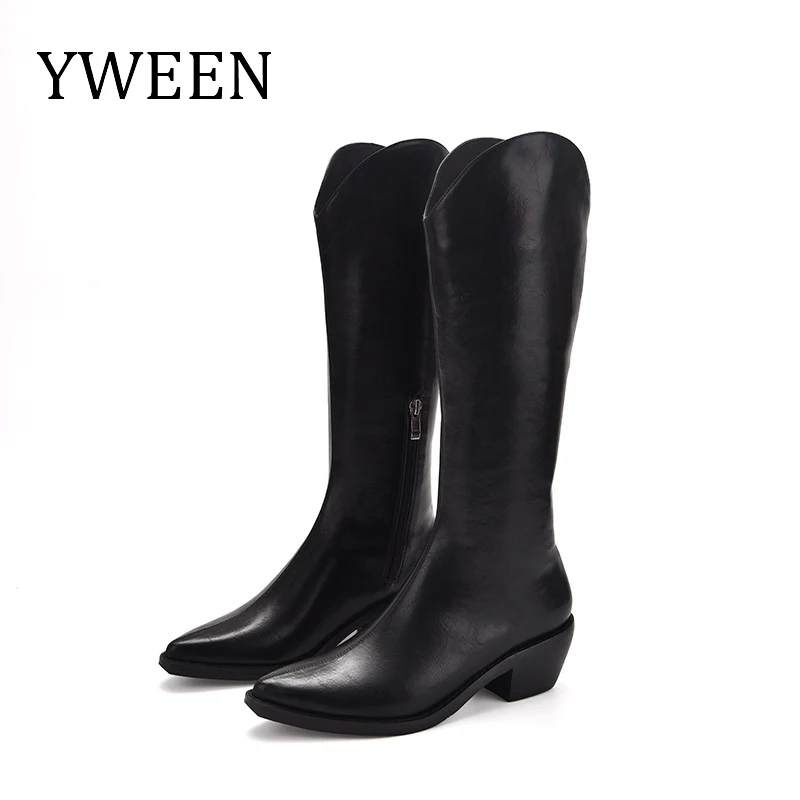 

New Women Modern Boot Autumn And Winter Mid-calf Leather Boots Women Square Hell Shoes For Femal Plus Size Zapatos De Mujer