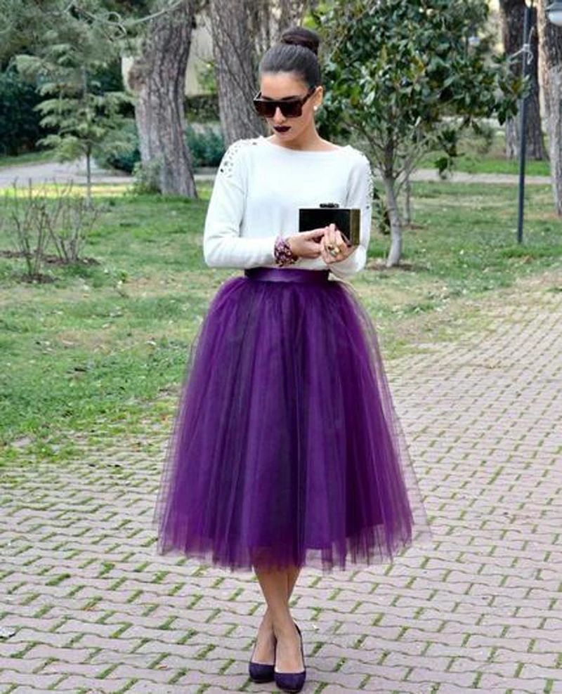 

Preety Quality Tulle Skirt Purple Ribbon Elastic Waist High Street Mid Calf Length Skirt For Lady Women Formal Party Vestidos