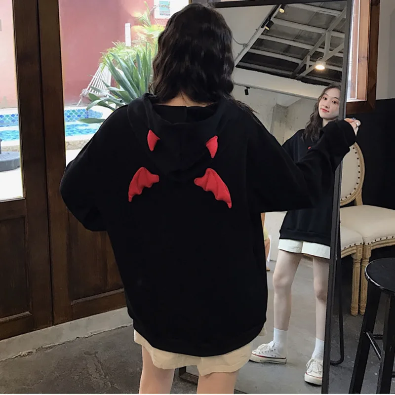 Richkeda Store New 2021 Hoodies Girl Little Devil Horns Gothic Hooded Sweatshirts Women Demon Fly Wings Loose Pullovers Pocket | Женская