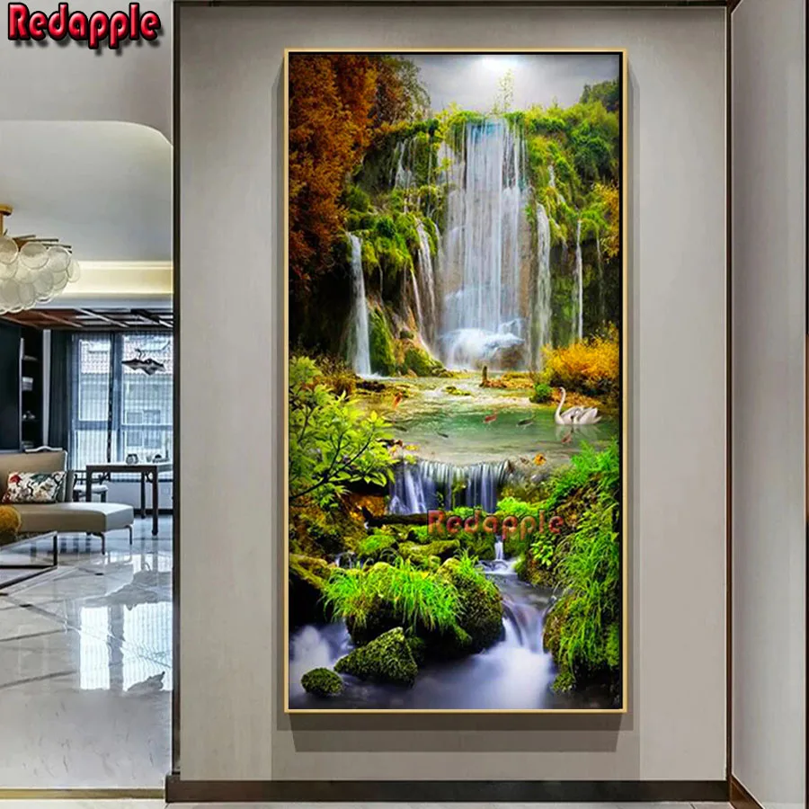

Алмазная живопись большого размера «сделай сам», лесной водопад, природная фотокартина, квадратная, круглая, полноразмерная, 5D мозаика, украшение для входа