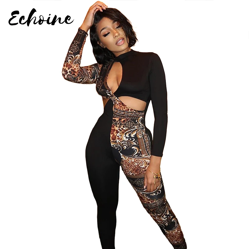 

Женские Обтягивающие Комбинезоны с вырезами и леопардовым принтом, Осенний женский комбинезон с длинным рукавом, облегающий цельный комби...