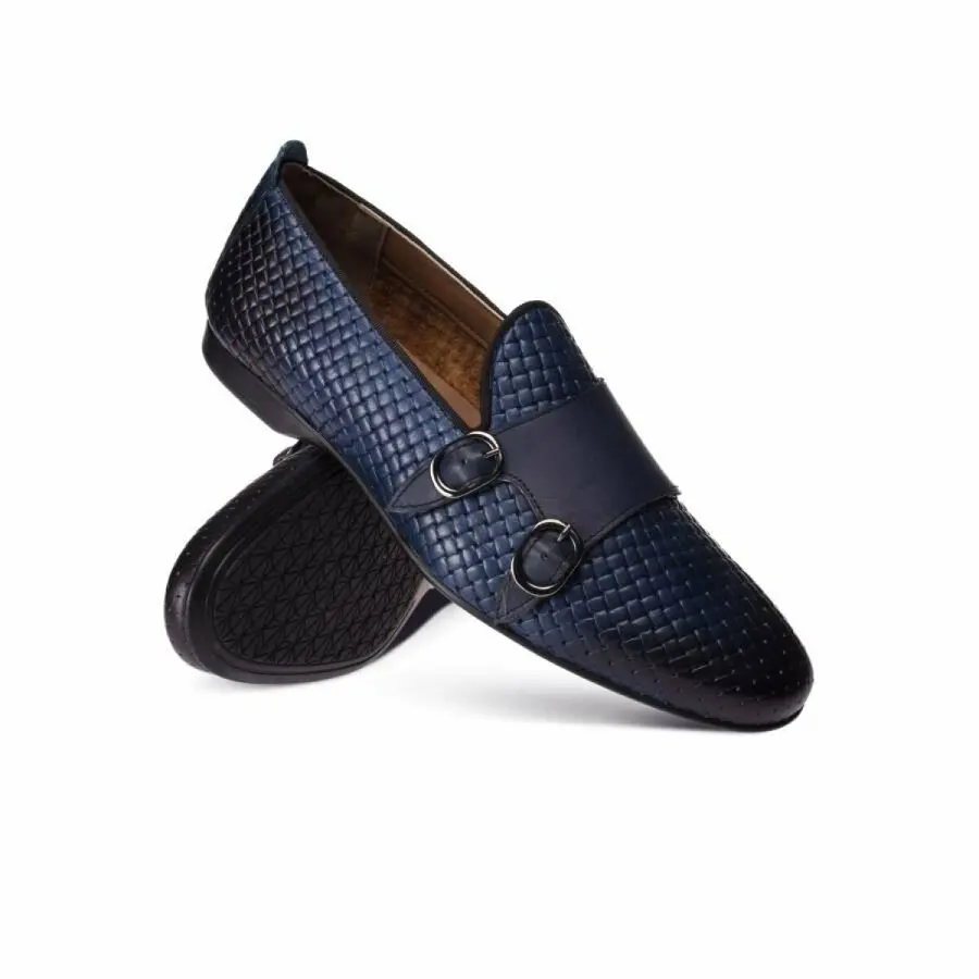 

Men Shoes Deery, Genuine Leather Navy Blue Double Buckle Men'S Loafer