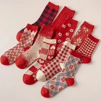 new year red socks female plaid print in the tube all match love cartoon warm fashion socks for men and women couples stockings