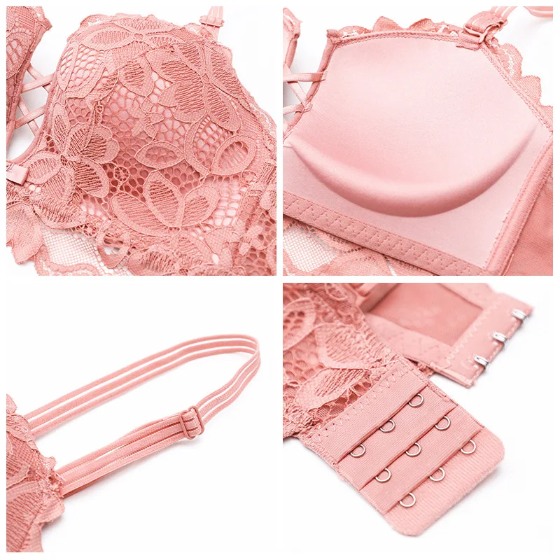 

Roseheart New Women Fashion Blue Red Lace Bow Bras Panties Wireless Cross Back Bra Sets Underwear Sexy Lingerie Set A B
