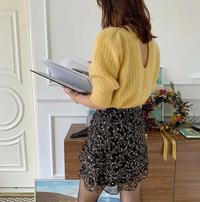 France Sexy Mohair Vintage Long Sleeve High-end Open Back Button Sweater Pullovers Knit Wool Fashion Sweaters Women | Женская одежда